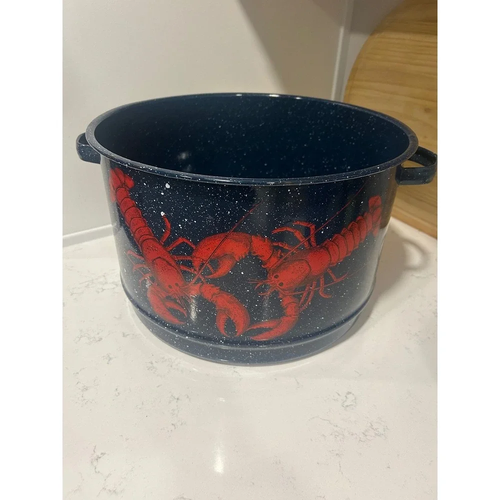 Navy Blue Speckled Enamelware Lobster Steamer Pot with Red‎ Lobster Graphics